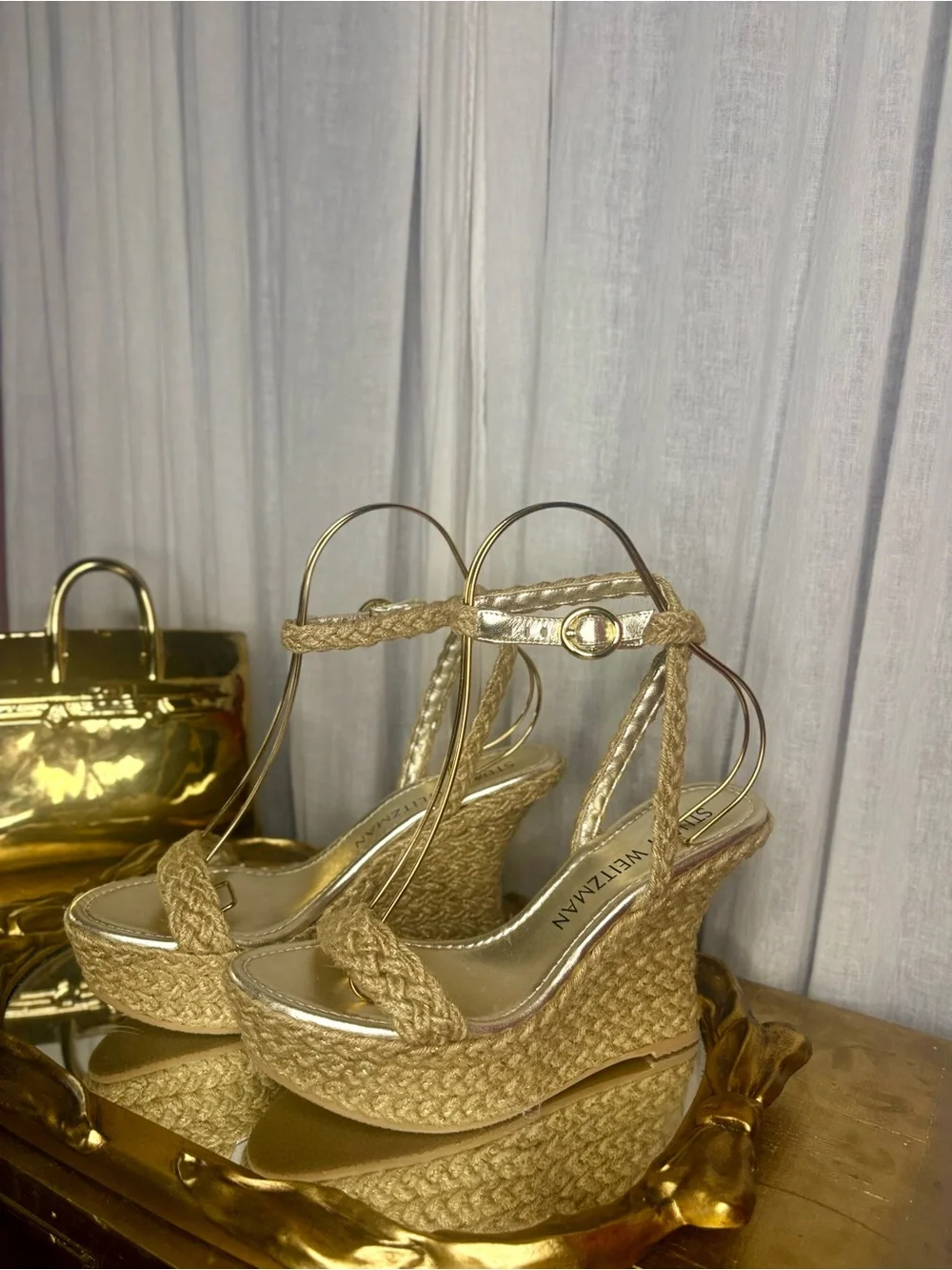 Stuart Weitzman Braida Gold Espadrille Wedges Size 10B NWOB